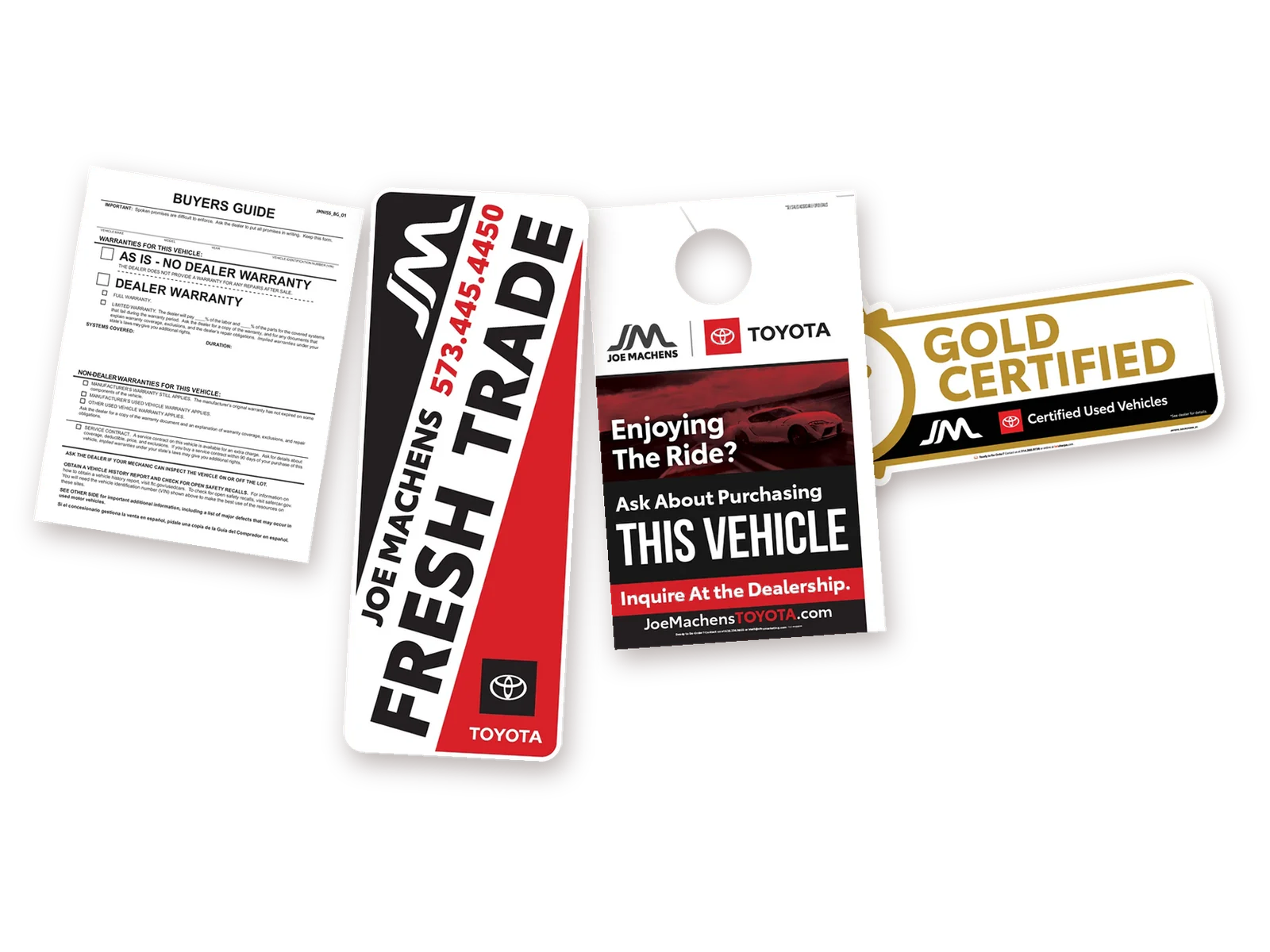Ready-to-print pieces we've printed: a Buyers Guide, a Fresh Trade mark, a mirror hang tag and a certified mark
