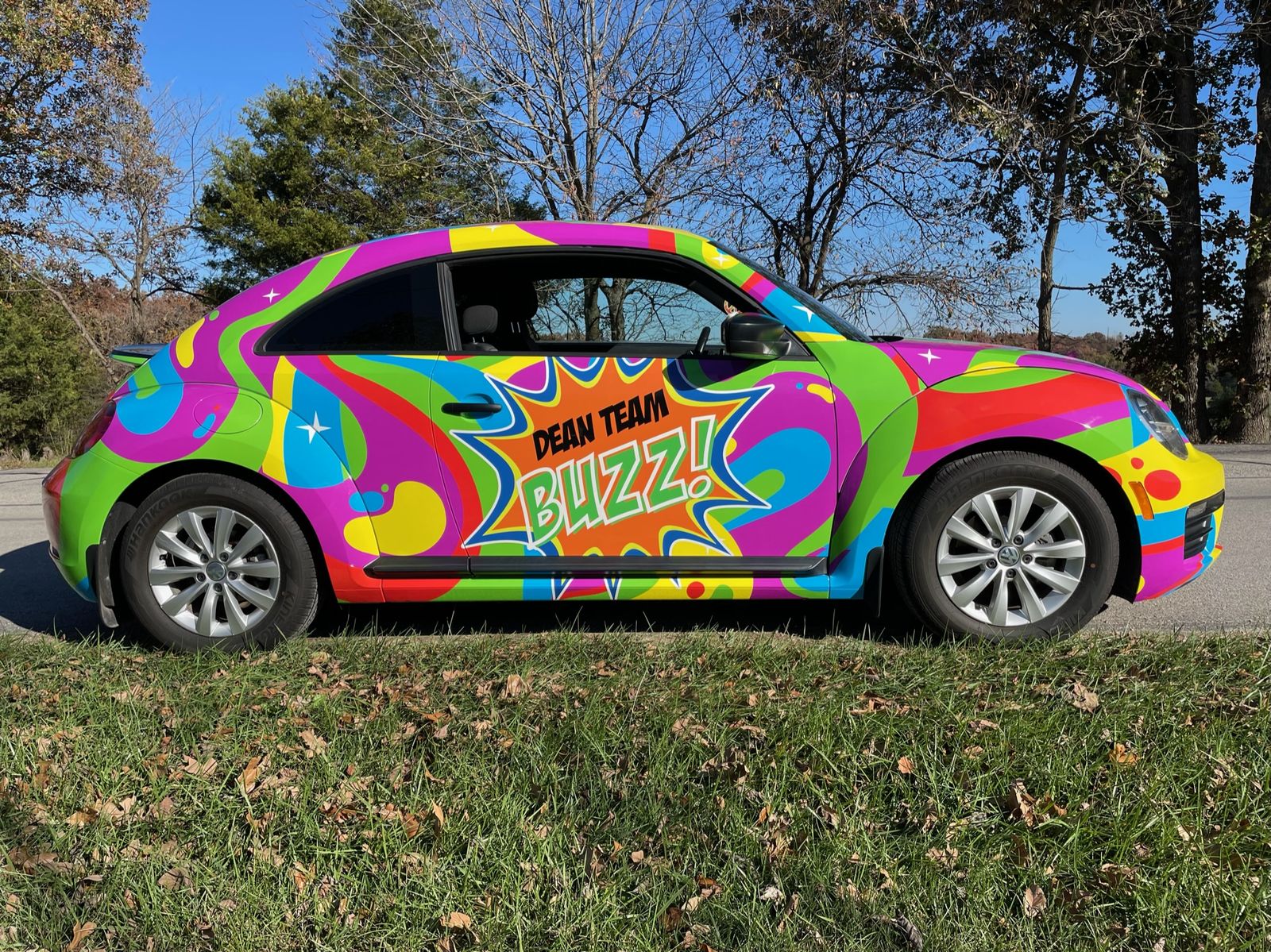 A full printed wrap on a Beetle