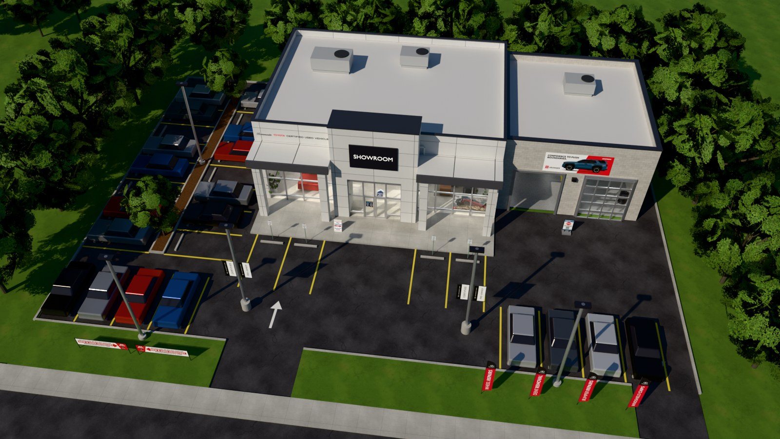 A whole dealership from above in the Dealership Graphics Builder