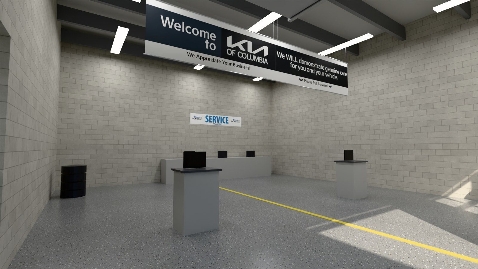 The Dealership Graphics Builder's service drive with banners across the drive
