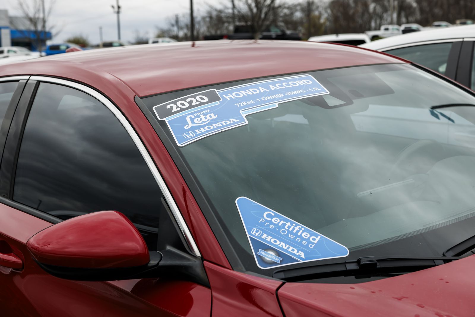 A used-car flyout on a 2020 Honda Accord at Frank Leta Honda, with a Certified mark in the lower corner