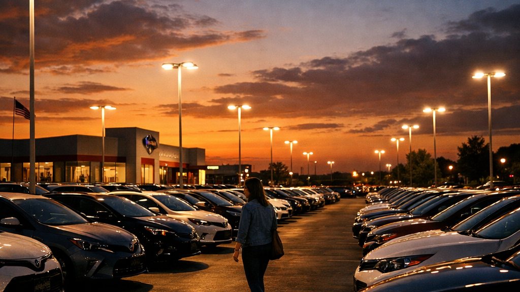 A shopper walks a dealership's lot at dusk, with nobody else around
