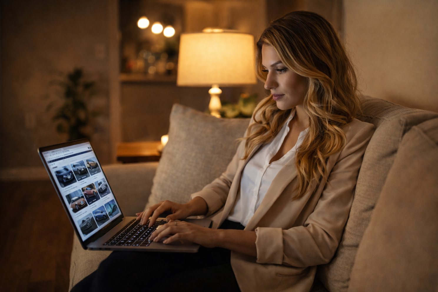 A shopper researching cars on a laptop in the evening
