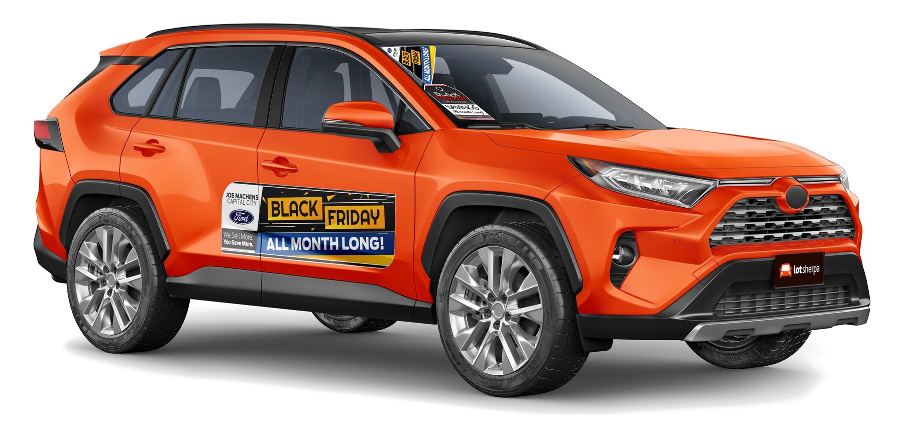 A RAV4 in the Vehicle Graphics Builder with the Black Friday set: flyout, upper triangle, body side and tag comp