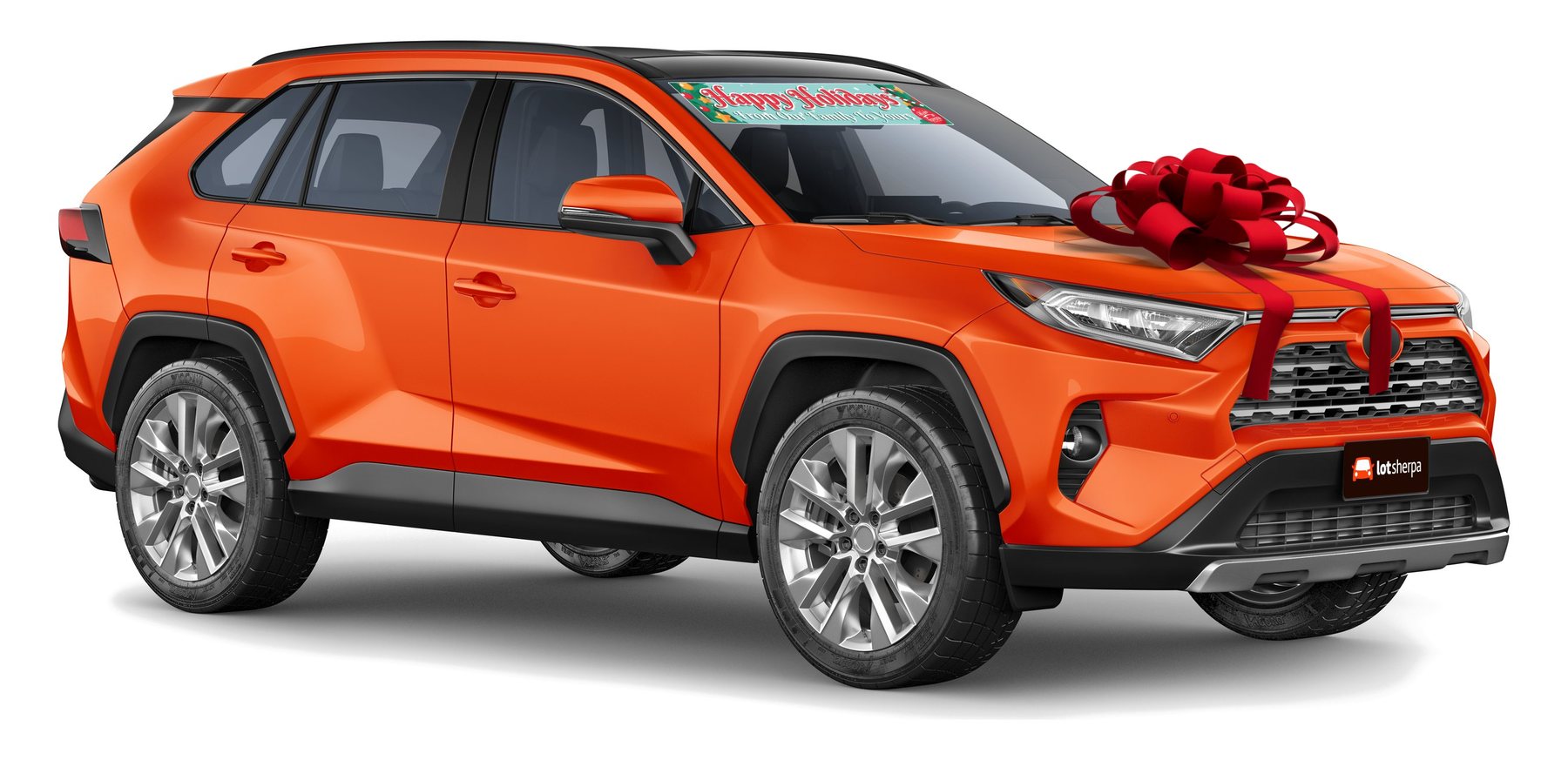 A RAV4 in the Vehicle Graphics Builder with a holiday flyout and a red 30-inch bow
