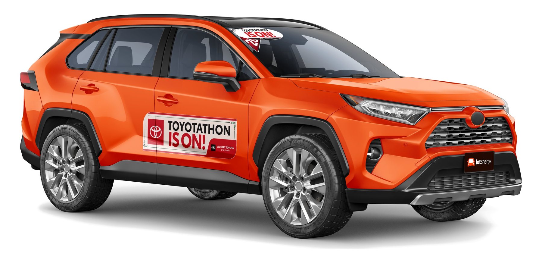 A RAV4 in the Vehicle Graphics Builder with a 2020 model-year triangle, a Toyotathon windshield oval and a Toyotathon body side