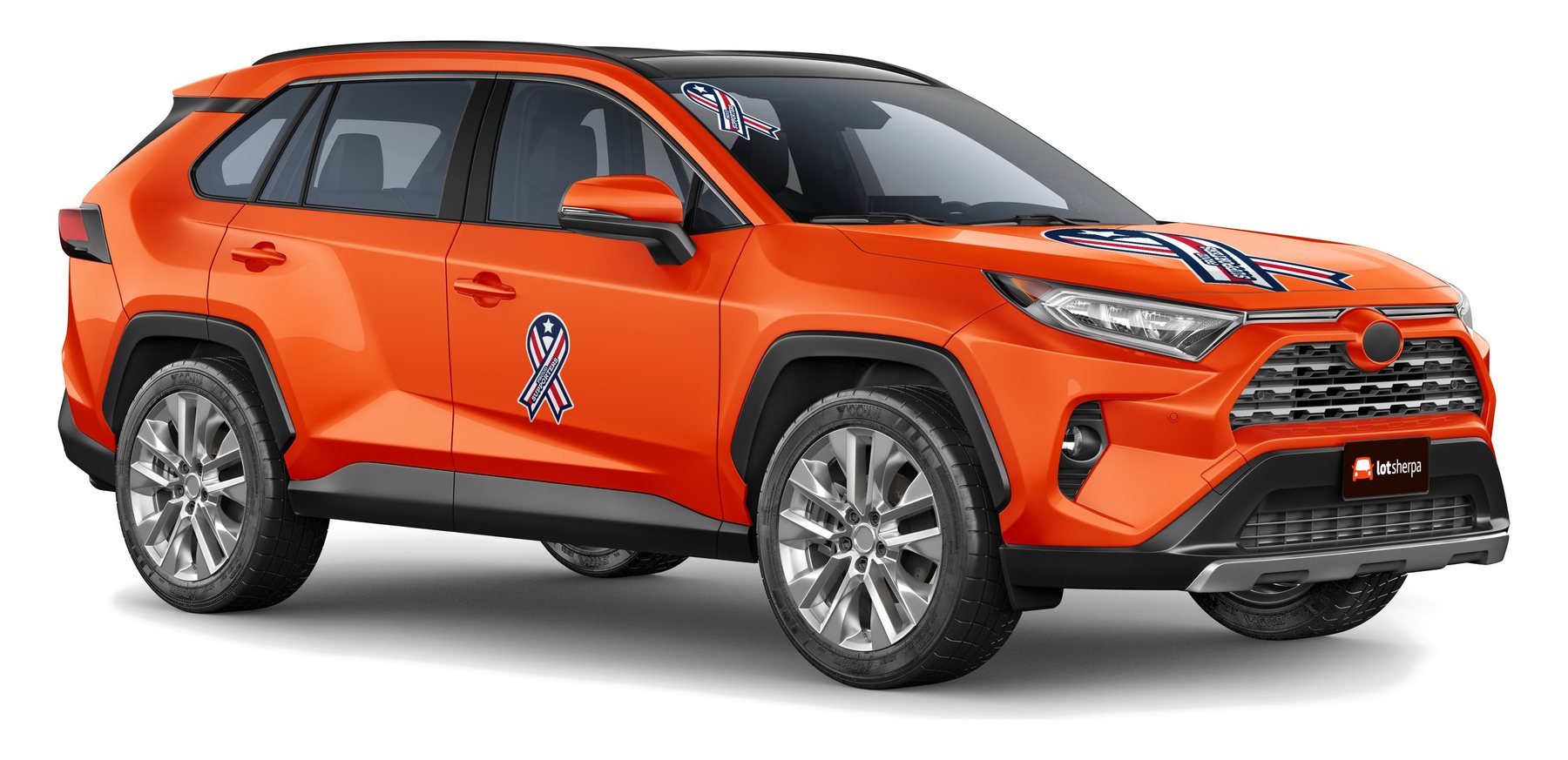 A RAV4 in the Vehicle Graphics Builder with Proud Supporters ribbons on the glass, the hood and the door