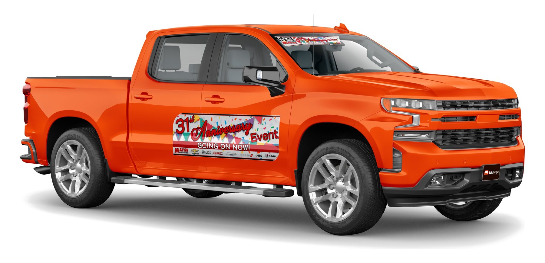 A Silverado in the Vehicle Graphics Builder with an anniversary-event flyout and body side
