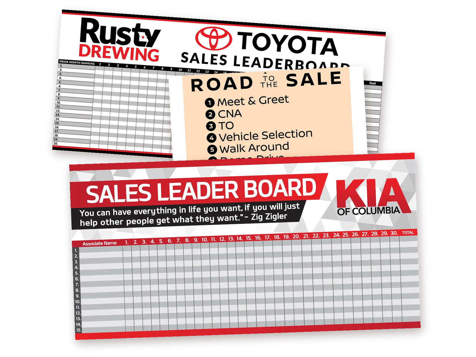 Three sales boards we printed, among them Kia of Columbia's Sales Leader Board