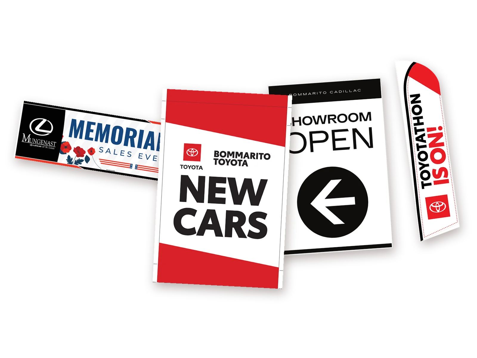 Exterior graphics we printed: a pole banner, a building banner, a feather flag and a sidewalk sign