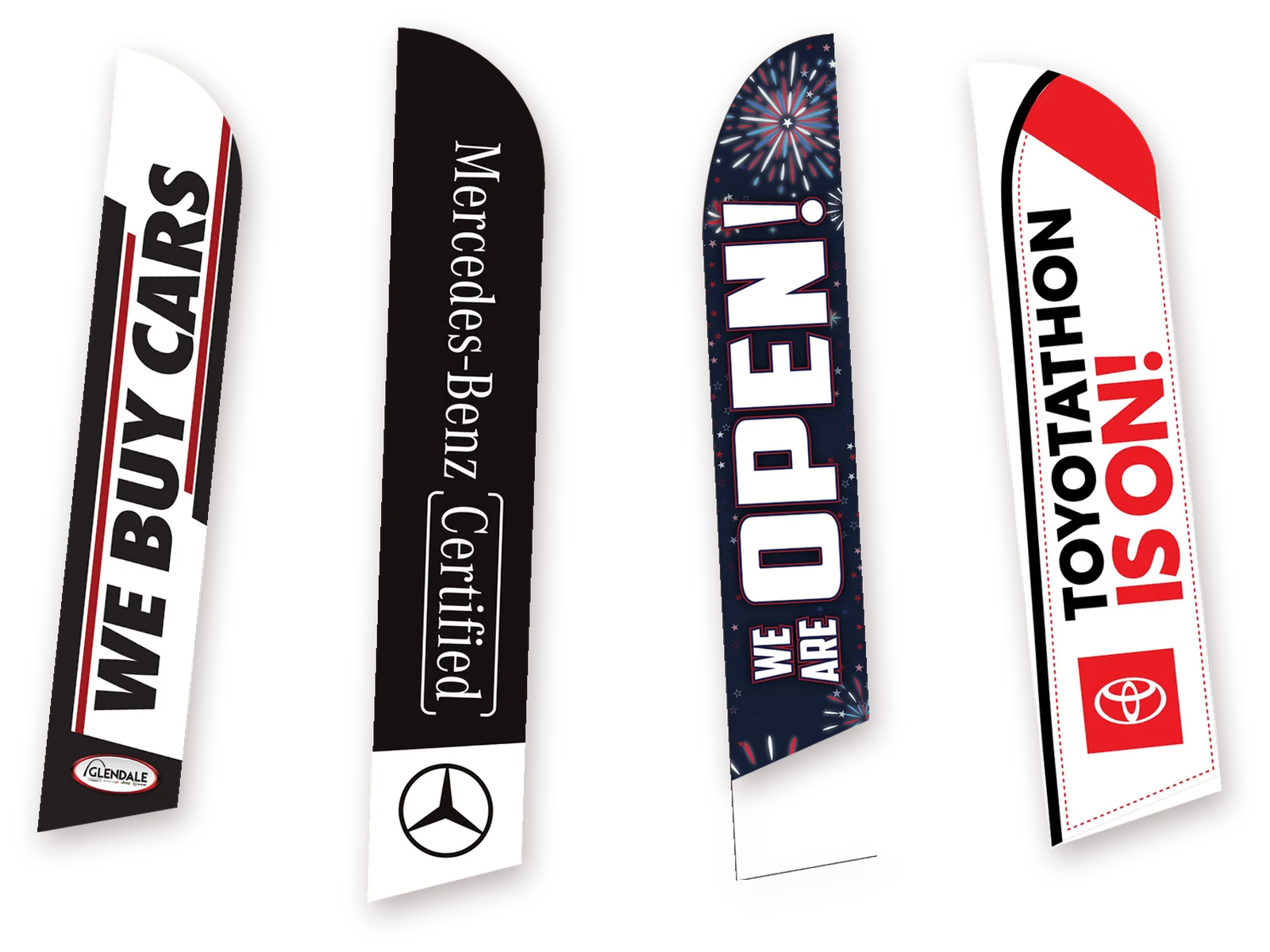 Four feather flags we printed: We Buy Cars, Certified, We Are Open and Toyotathon