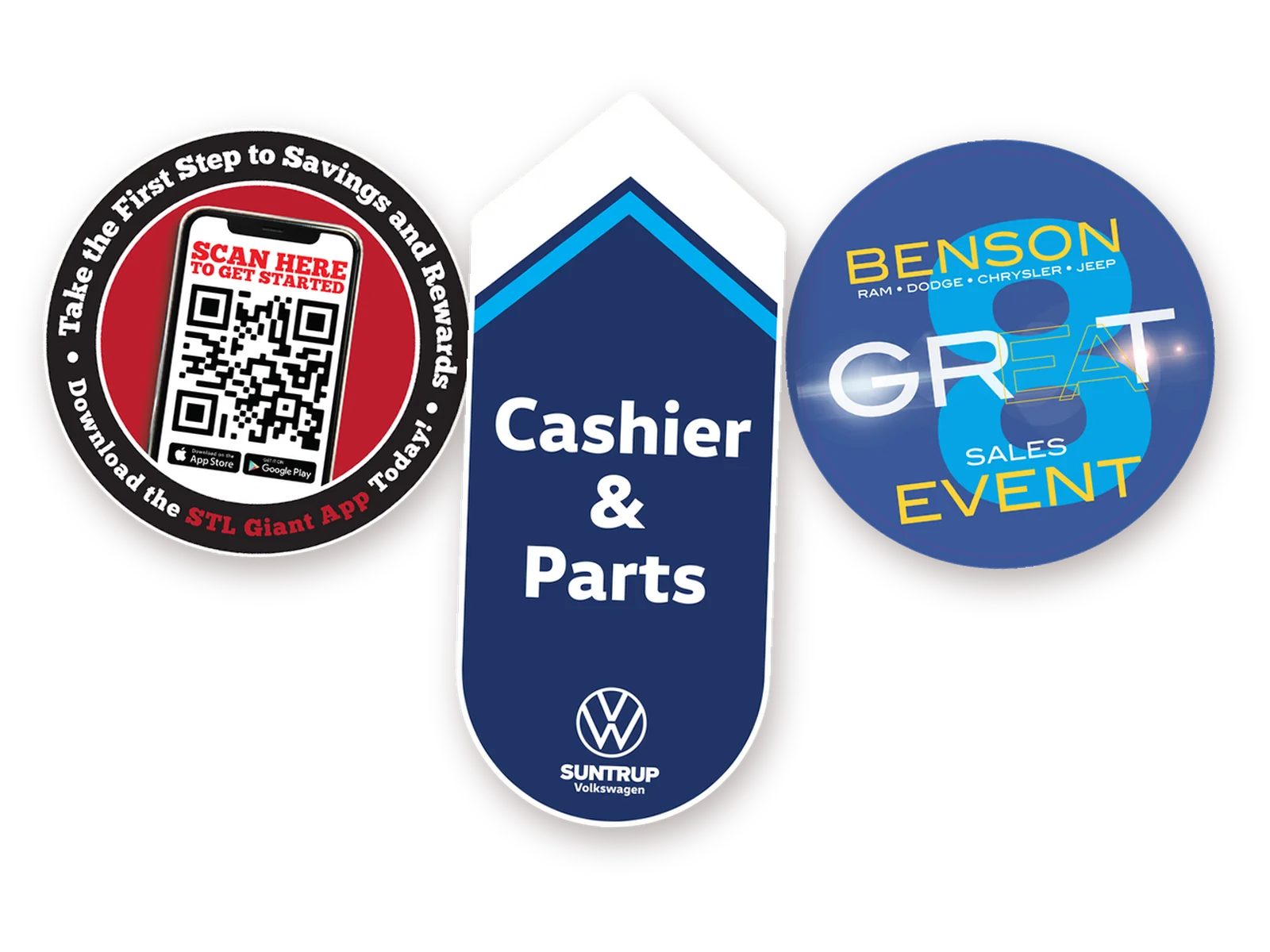 Three floor graphics we printed: a Cashier and Parts arrow, a QR decal and an event decal