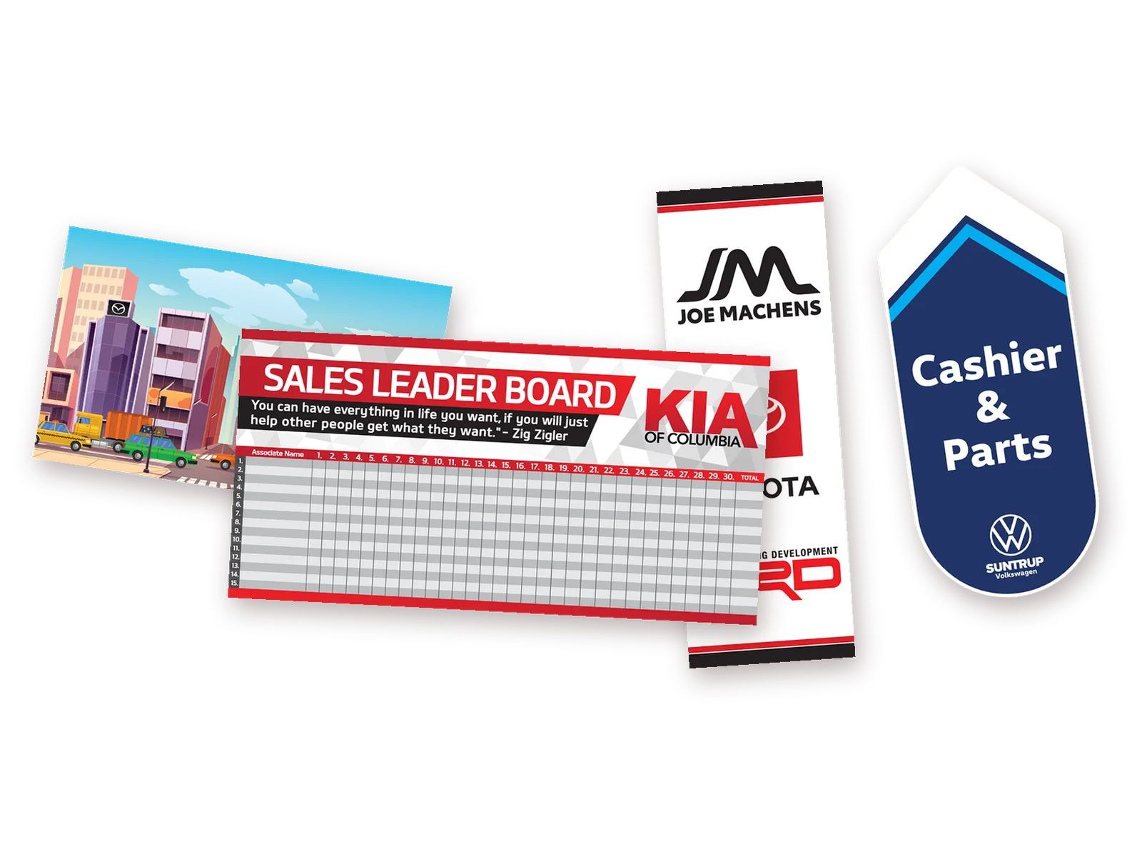 Interior graphics we printed: a sales board, a wall mural, a floor graphic and a hanging banner