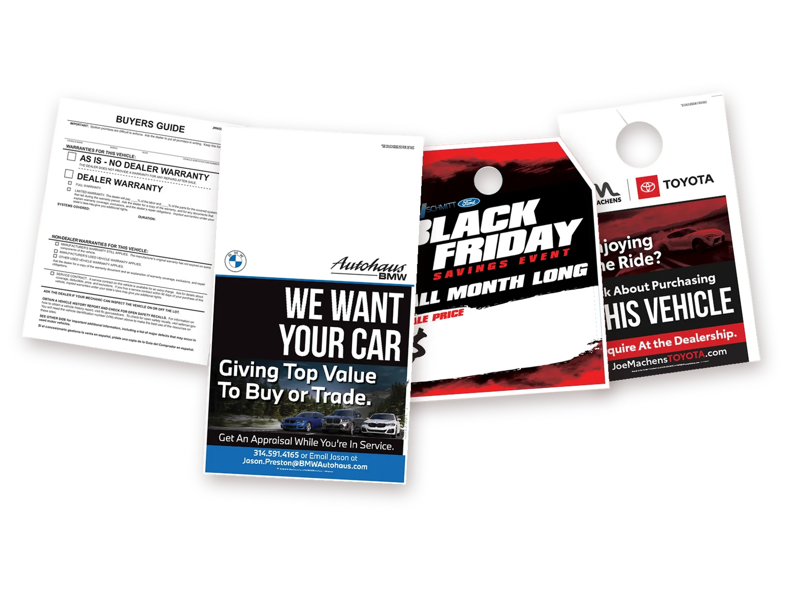 Paper we've printed for dealers: a We Want Your Car hang tag, a Buyers Guide, a mirror hang tag and a blinker tag
