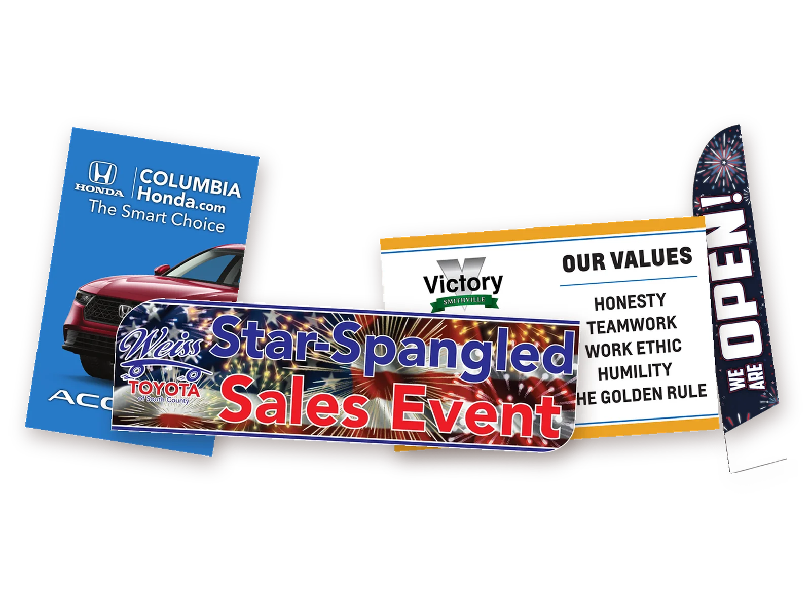 Graphics we've printed for dealerships: a body side, a pole banner, a feather flag and a values wall
