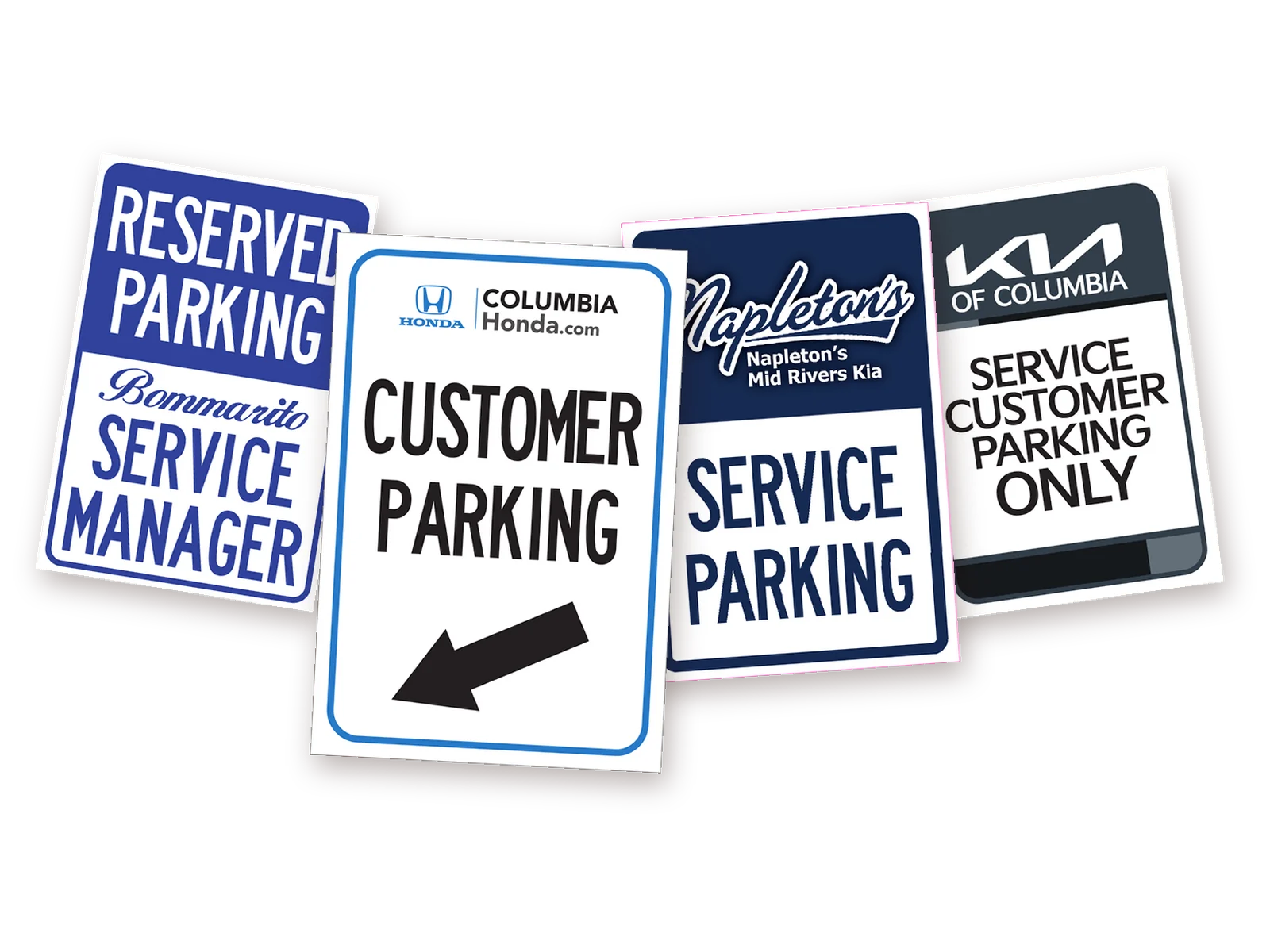 Four parking signs we printed for customer and service parking