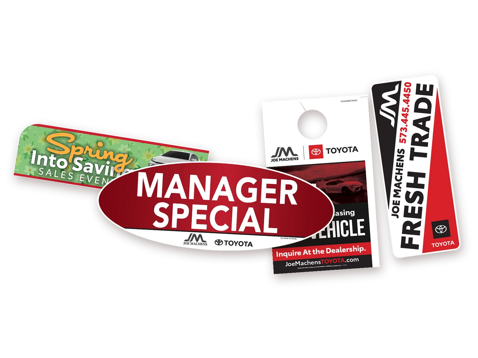 Vehicle graphics we printed: a windshield banner, a body side, a Fresh Trade mark and a mirror hang tag