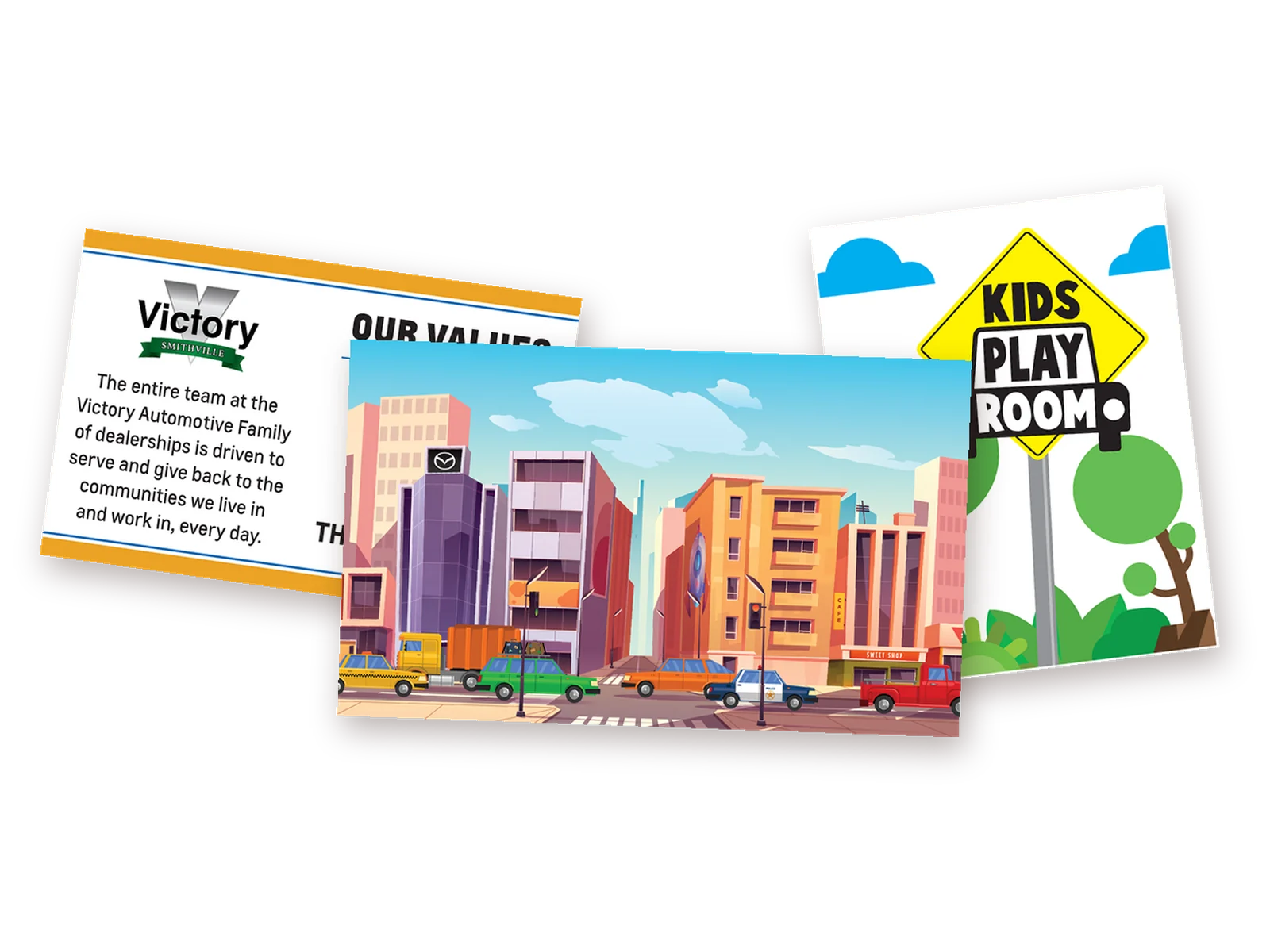 Three wall graphics we printed: a city mural, a values wall and a kids' play room