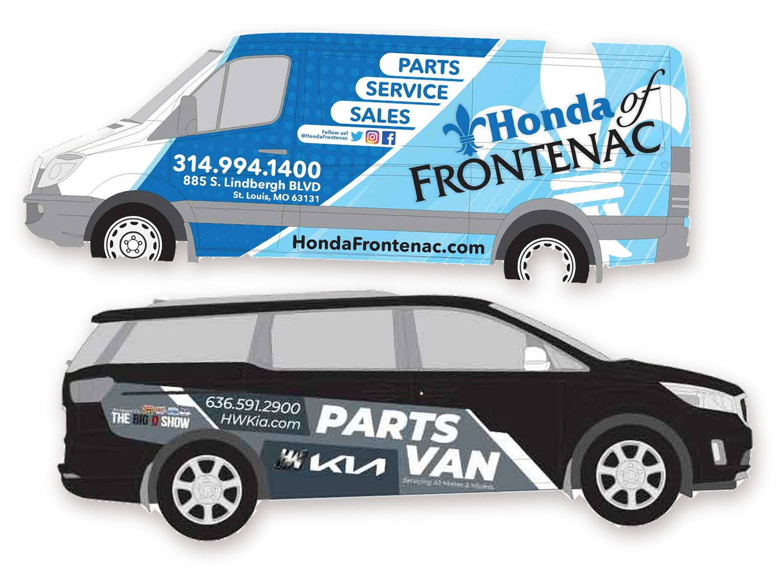 Wraps we designed for Honda of Frontenac's van and HW Kia's parts van