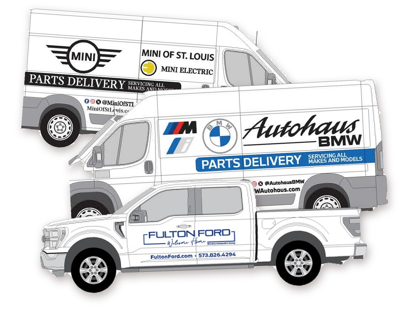 Lettering we designed for Fulton Ford's F-150 and for MINI of St. Louis's and Autohaus BMW's parts vans