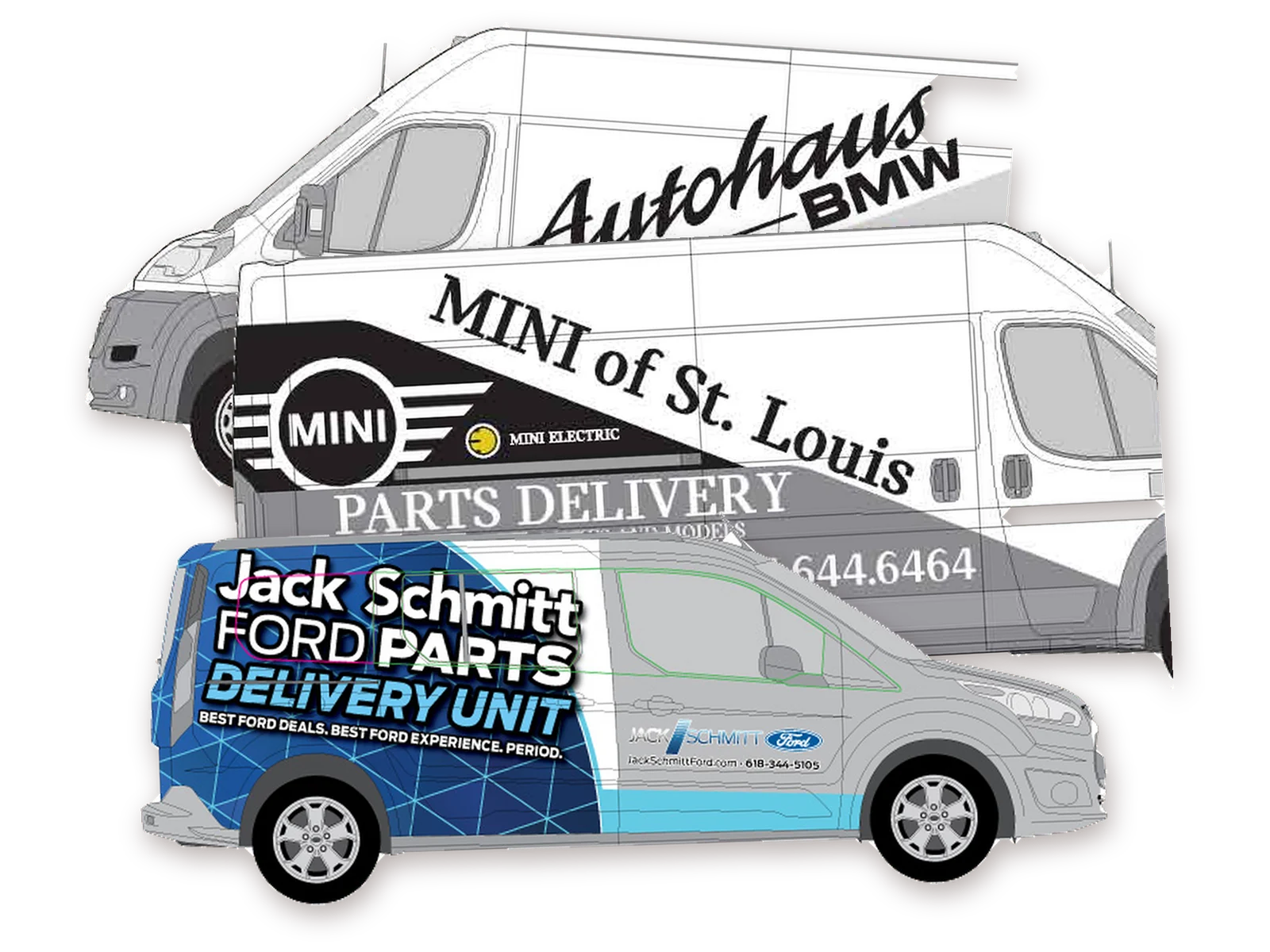 Partial wraps we designed for Jack Schmitt Ford's parts van and for Autohaus BMW and MINI of St. Louis