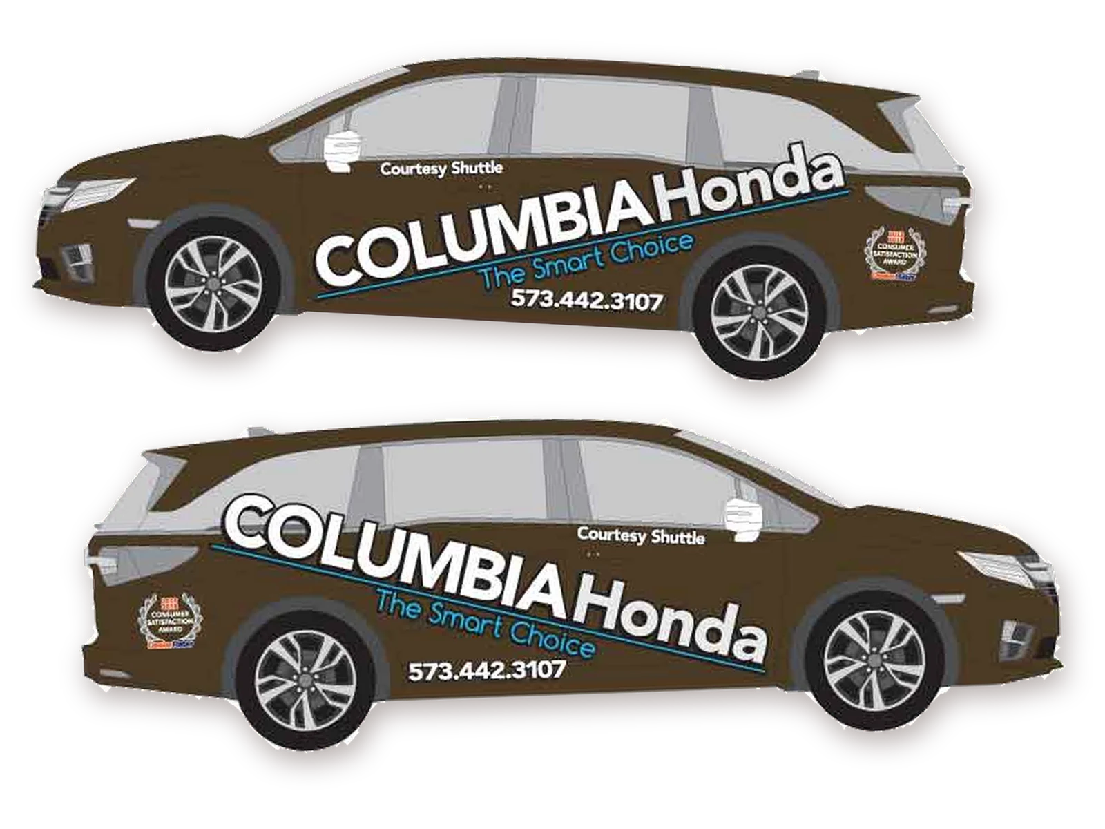 Both sides of the courtesy shuttle wrap we designed for Columbia Honda