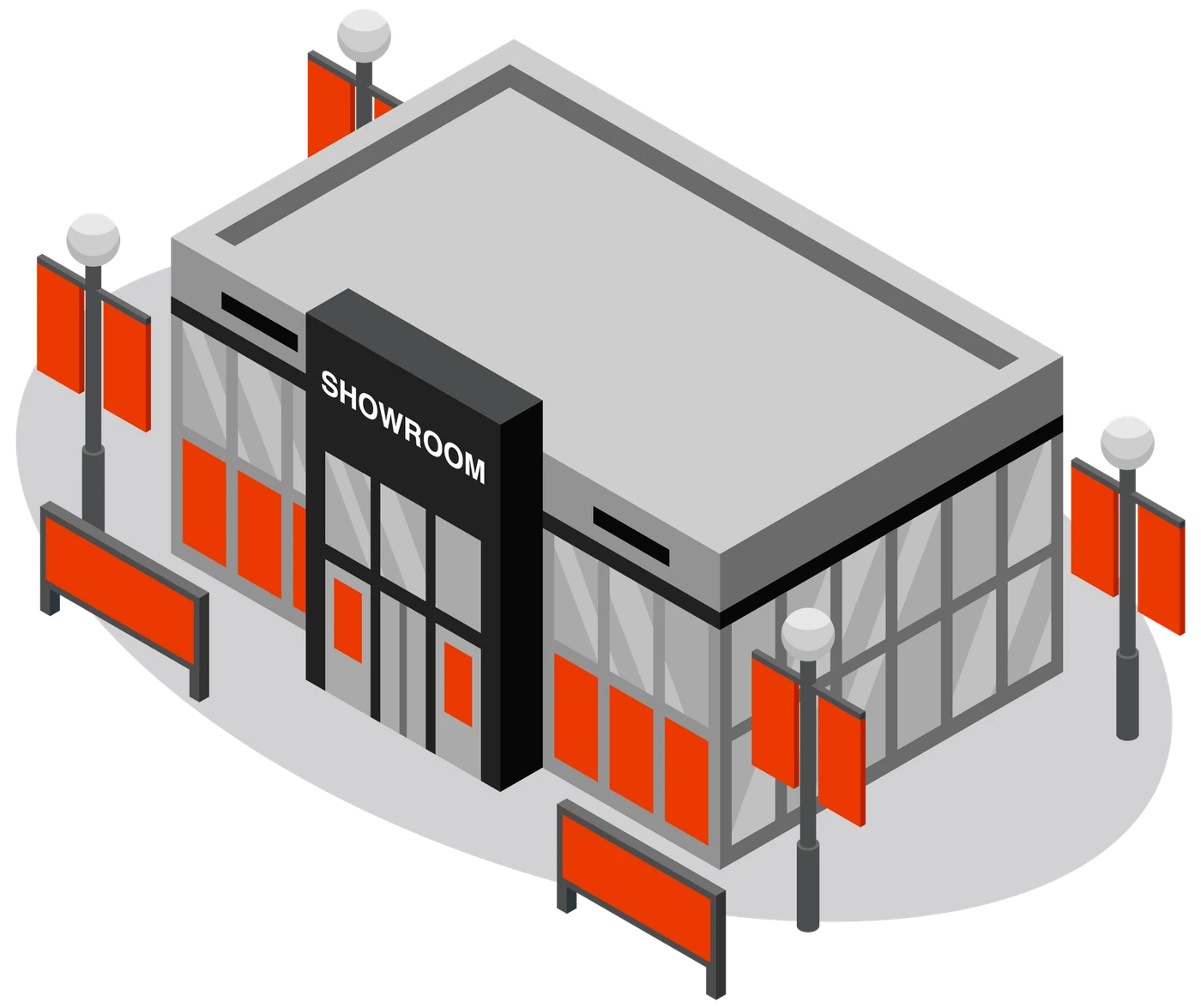 An isometric showroom exterior with pole banners, ground banners and window graphics