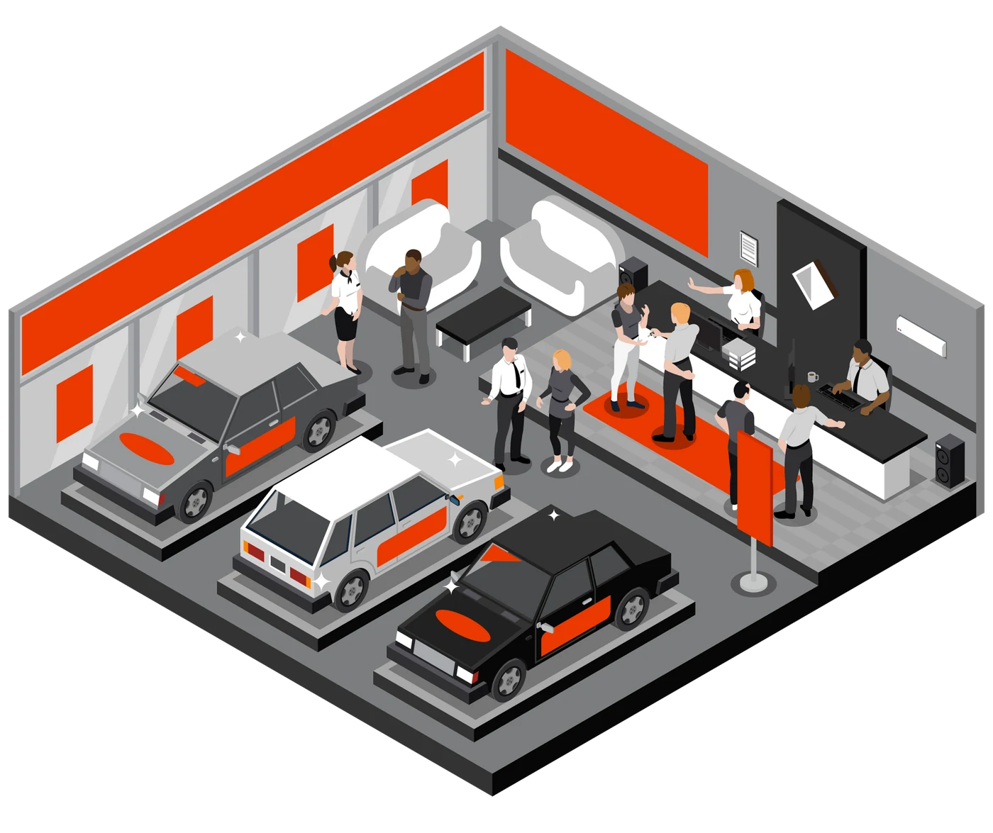 An isometric showroom interior with wall, vehicle, floor and stand-up graphics