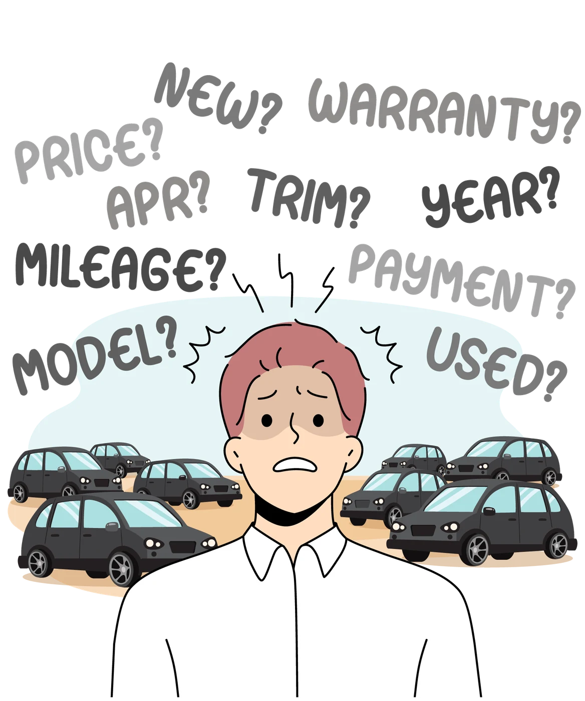 An illustrated shopper on a lot, surrounded by questions: price, year, mileage, trim, warranty